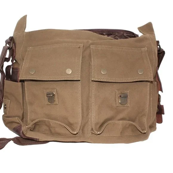Berchirly Green Brown Canvas Messenger Bag Laptop Lined Buckle Snap Closure - Picture 3 of 12